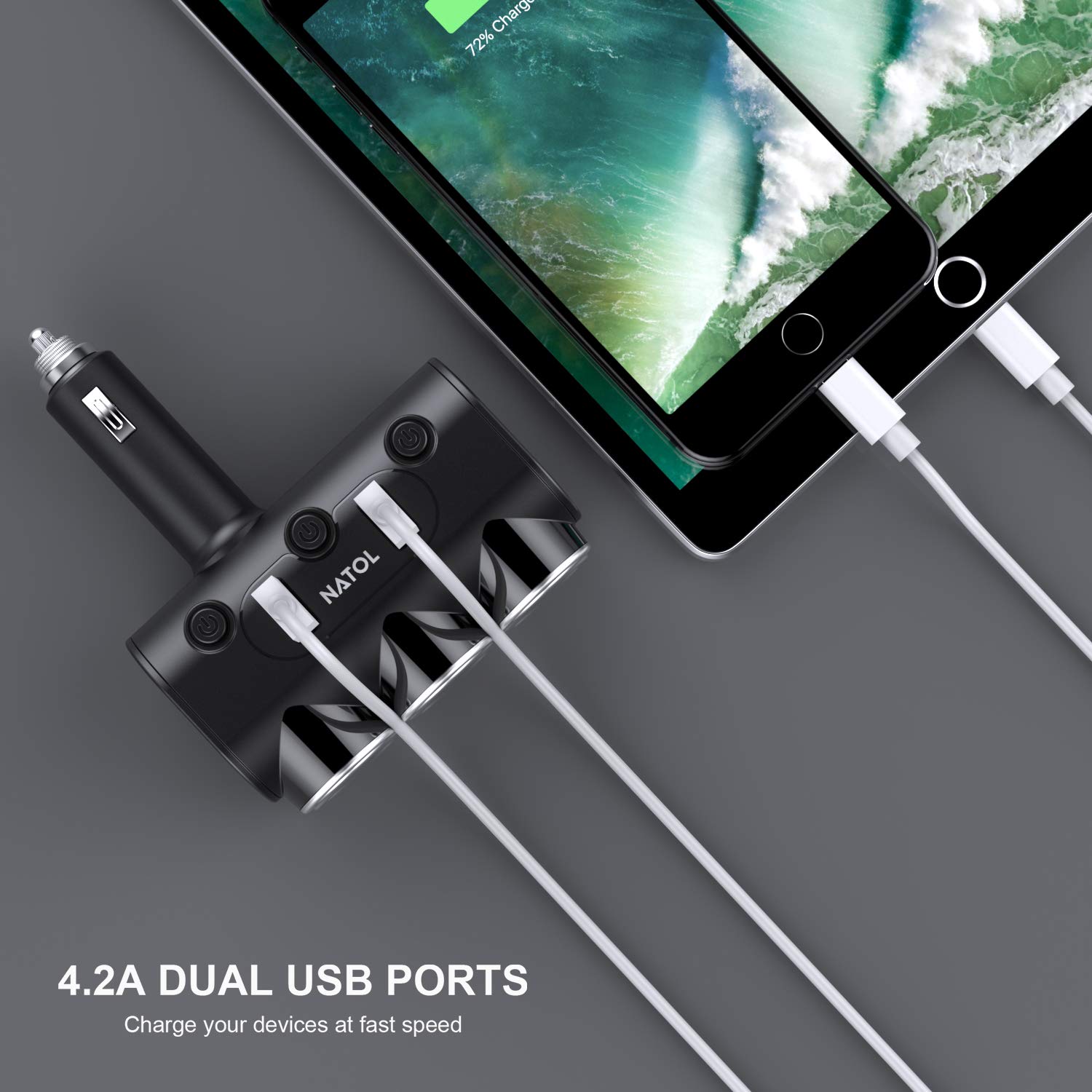 NATOL Cigarette Lighter Adapter, 12V/24V 3-Socket Car Charger Cigarette Lighter Splitter with 2 Smart USB Ports for iPhone, iPad, Samsung, GPS, Dashcam