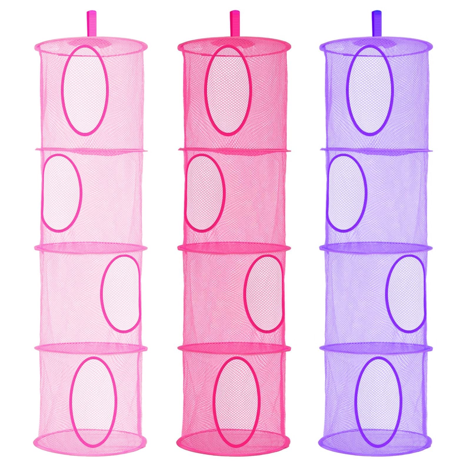 LIVEHITOP 4 Tier Teddy Storage Hanging Mesh, 3 PCS Foldable Save Space Hanging Toy Basket for Kids Room, Bathroom, Balcony (Pink, Rose, Purple)