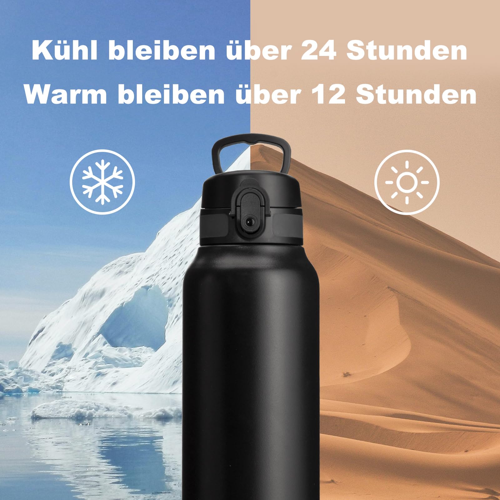 UZSPACE Edelstahl Trinkflasche 1l (970ml), Isolierte Thermosflasche mit 1-Klick-Öffnung, 100% Auslaufsicher, Sport Wasserflasche für Wandern Sport Fitness Gym Outdoor, Schwarz 4