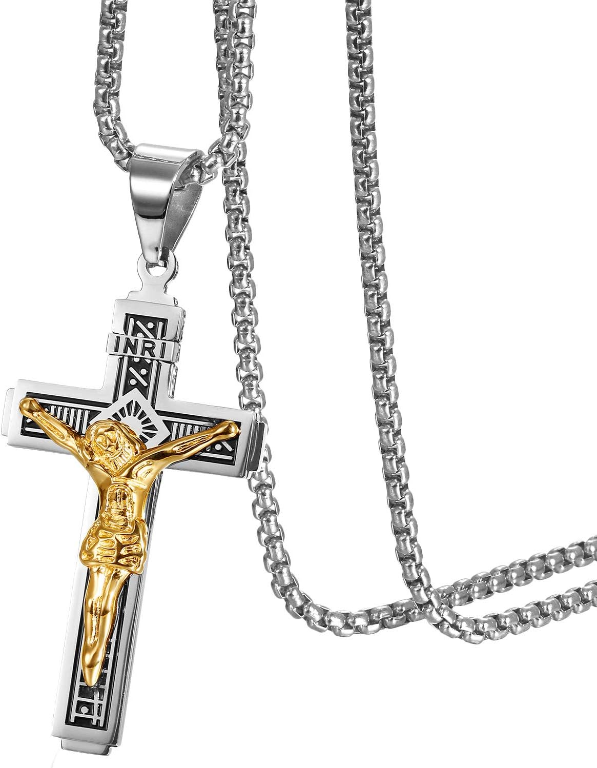 JewelryWe Men's Cross Necklace,Catholic Jesus Christ on INRI Cross Crucifix Stainless Steel Pendant Necklace 22" Chain