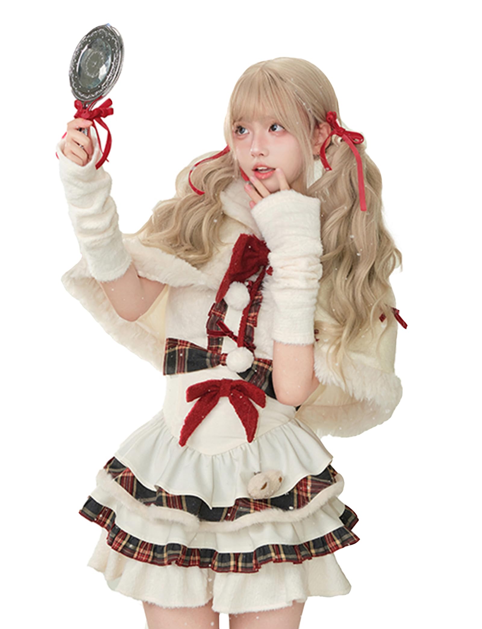 XHSUKADO Women's Christmas 2-Piece Set, Hanging Skirt, Cloak Lace, Ribbon, Long Sleeve, School Style, Checkered Pattern, Lace-up, Ruffle, French Girly, Tiered, Mokomoko, Bear
