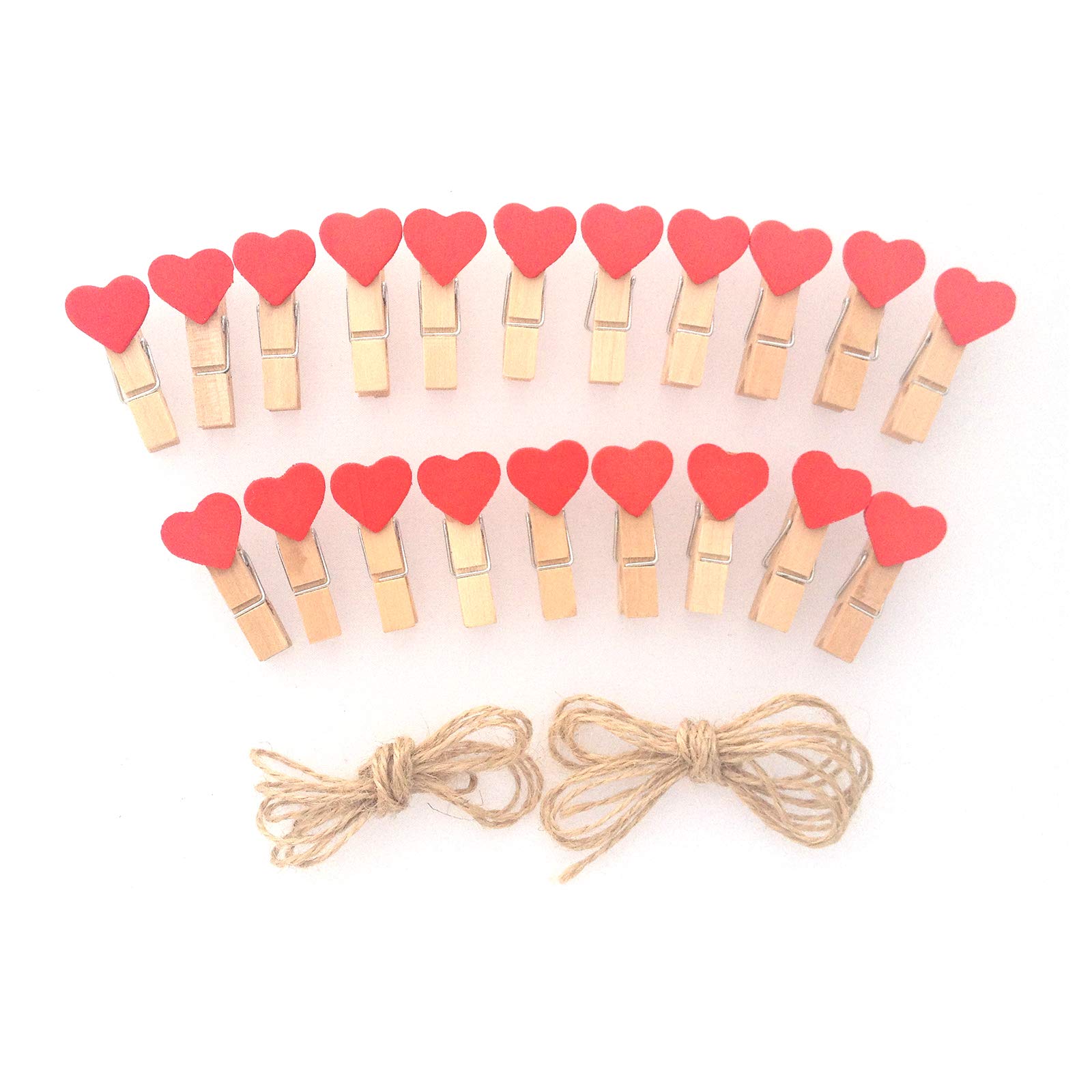LWR CRAFTS Red Heart Wooden Mini Clothespins 20 Pieces and Jute Cord 2.4m