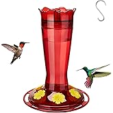 Kingsyard Glass Hummingbird Feeder for Outdoors Hanging - 6 Bee Guard Feeding Ports & Built-in Ant Moat, Wild Bird Feeder for Outside Garden Yard Patio 14 Oz, Red