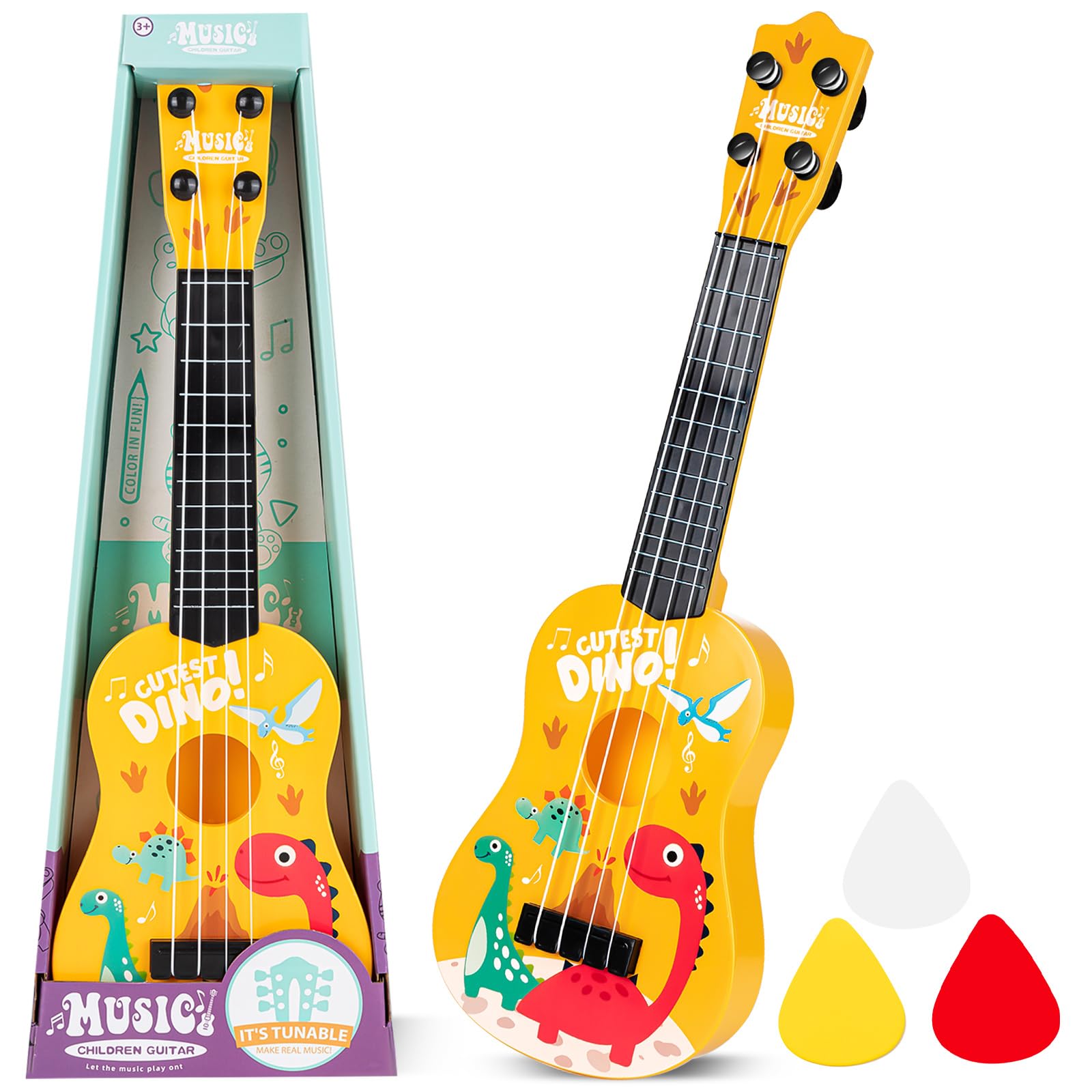 17 Inch Mini Guitar, Kids Cartoon Small Guitar with 4 Adjustable Strings, Musical Toy Ukulele Instrument for Children Boys Girls Early Educational Birthday Gift