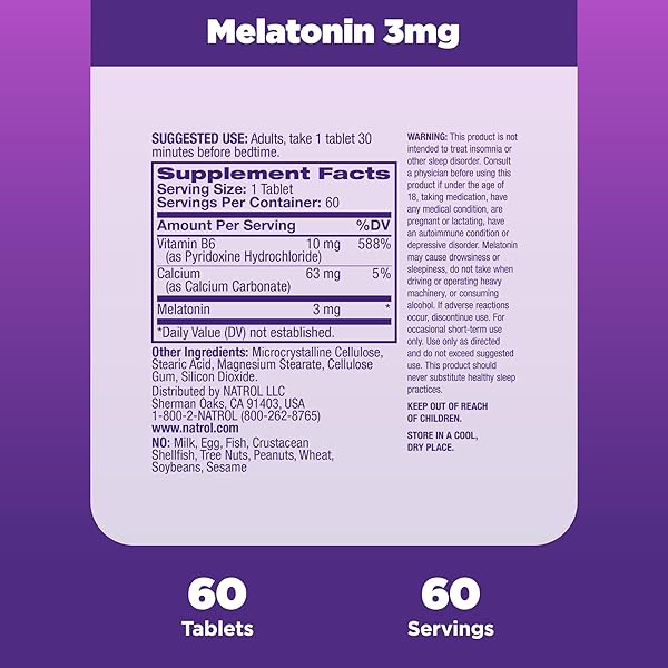 NATROL MELATONIN 3 MG, DIETARY SUPPLEMENT FOR RESTFUL SLEEP, SLEEP SUPPLEMENTS FOR ADULTS, 60 MELATONIN TABLETS, 60 DAY SUPPLY