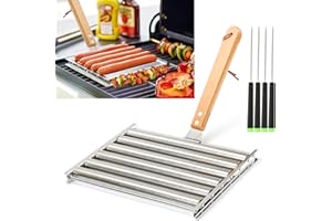 KAYCROWN Hot Dog Roller for Grill Stainless Steel BBQ Hot Dog Grill Roller with Wooden Handle, Sausage Roller Rack for Evenly Cooked Hot Dogs, 4 BBQ Skewers Included, 5 Hot Dog Capacity, Large