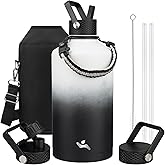 Konokyo Gallon Insulated Water Bottle with Straw,128 oz 3 Lids Water Jug with Carrying Bag,Paracord Handle, Double Wall Vacuum Stainless Steel Metal Flask,Day Night