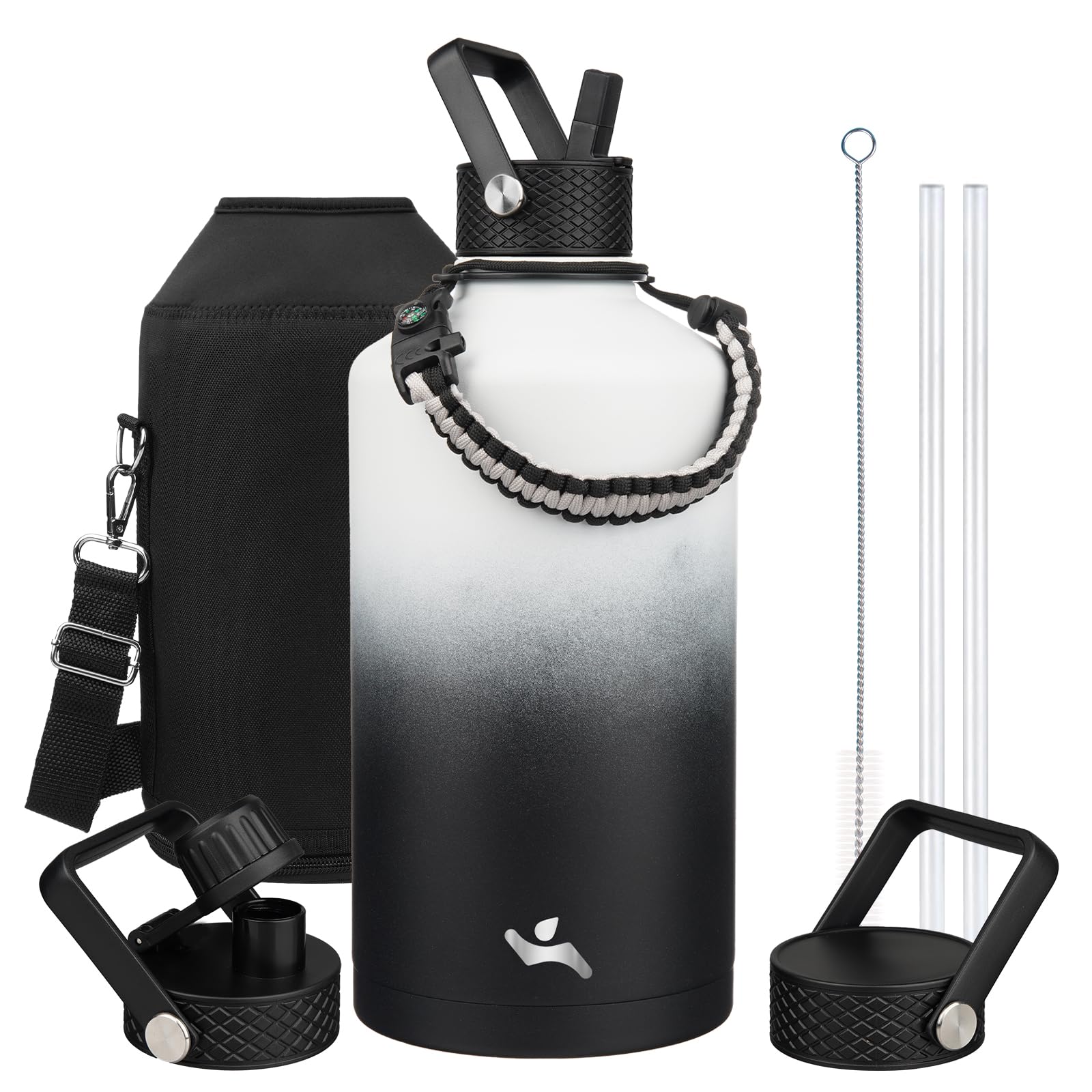 Konokyo Gallon Insulated Water Bottle with Straw,128 oz 3 Lids Water Jug with Carrying Bag,Paracord Handle, Double Wall Vacuum Stainless Steel Metal Flask,Day Night Image