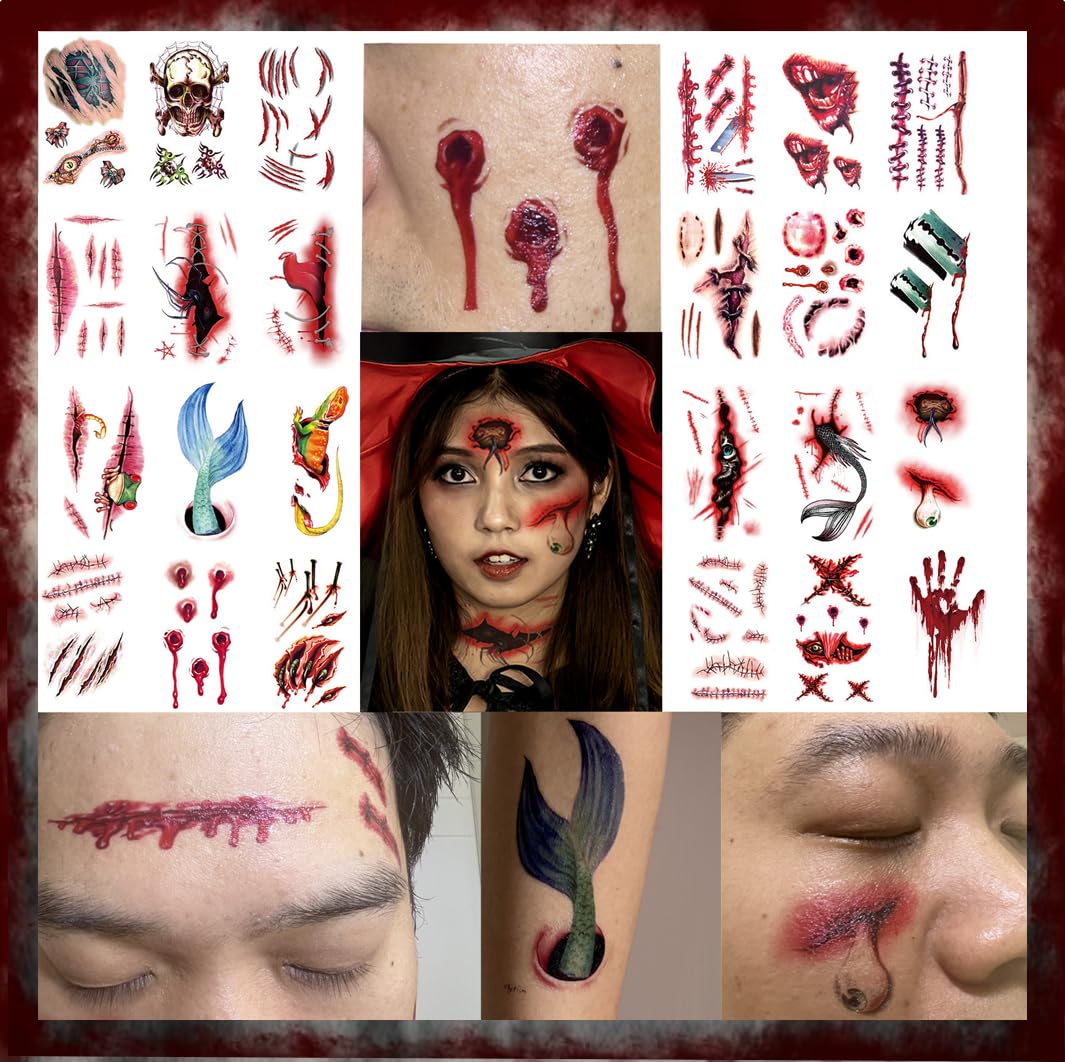 113+PCS Fake Scar Halloween Tattoos Temporary, 24 Sheets Waterproof Zombie Makeup Kit Stickers with Realistic Scary Bloody Wound Scratches Stitches for Women Men Adults Party, Costume, Prank Props
