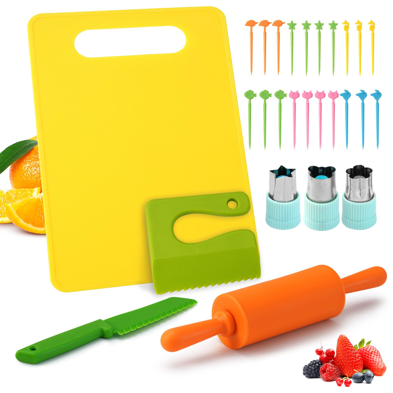 Photo 1 of COSYLAND 25PCS Kids Cooking Set - Kids Safe Kitchen Kit for Real Cooking - Toddler Kitchen Tools with Plastic Food Knives, Cutting Board, Vegetable Cutters, Kids Rolling Pin and Fruit Picks