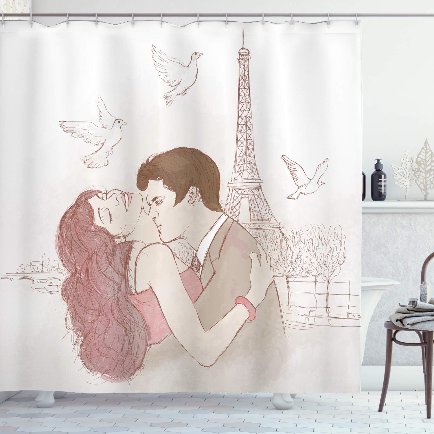 ABAKUHAUS Kiss Shower Curtain, Romantic Man and Woman in Front of Eiffel Tower Flying White Birds Love Passion, Cloth Fabric Bathroom Decor Set with Hooks, 175 x 200 cm, Dried Rose Beige