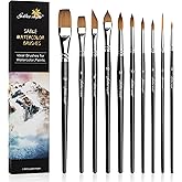 Watercolor Brushes Professional Set, 10 Artist Brushes Watercolor Paint Brushes, Golden Maple Sable Brush Paint Brushes-Round Tip, Flats, Dagger, Oval Wash for Detail Painting, Water Color, Gouache