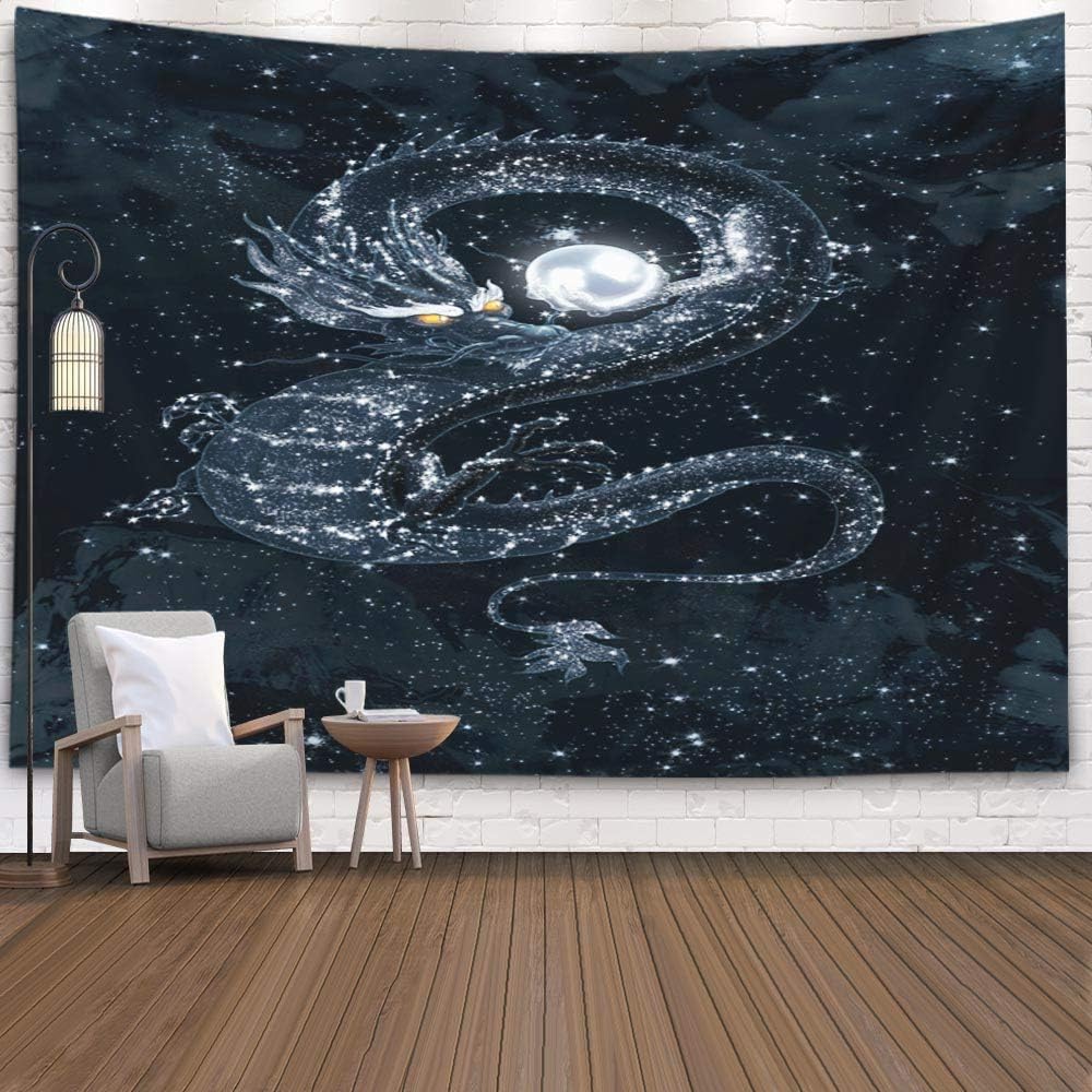 Asdecmoly Chineseย Embroideryย Wallย Art, Art Tapestry Living Room and Bedroom 60 Lx50 W Inches Dark Dragon Shining Pearl in The Starry Sky Art Printing Inhouse