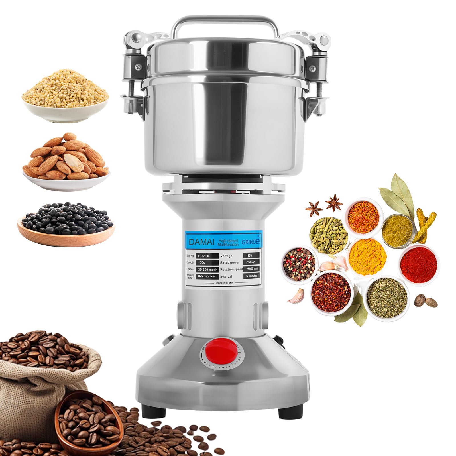 Photo 1 of 150g Electric Grain Mill Grinder - 850W High-Speed Stainless Steel Dry Food Grinder for Coffee, Spices, Nuts & Herbs | 28000 RPM | 3 Blades | Commercial & Home Kitchen Use