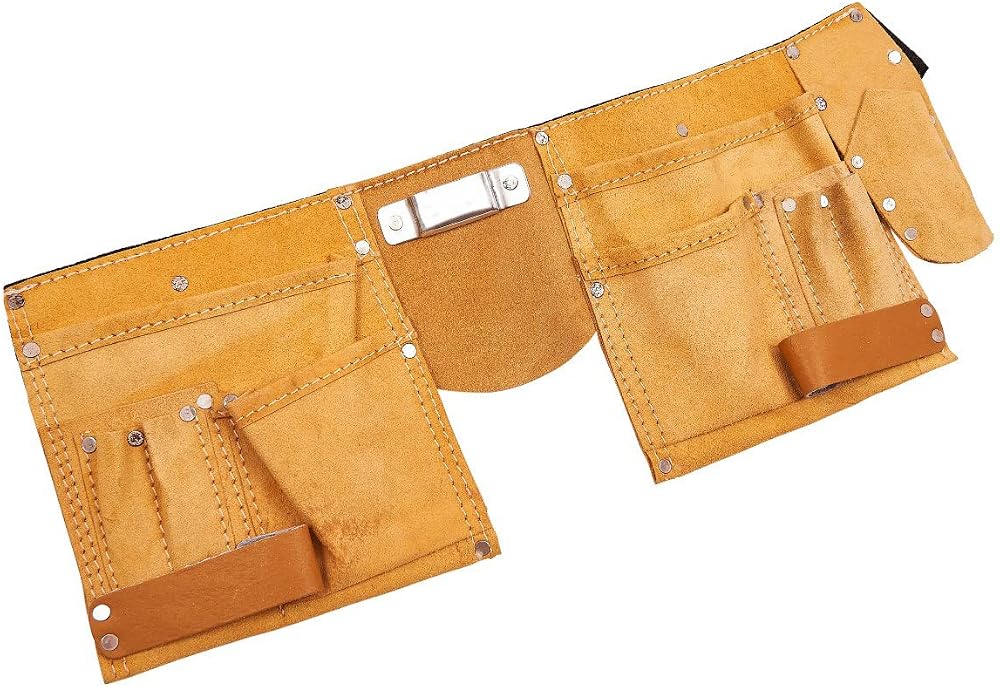 NTI Tan Leather Tool Belt 11 Pockets Work Pouch Apron Carpenter Nail Holder