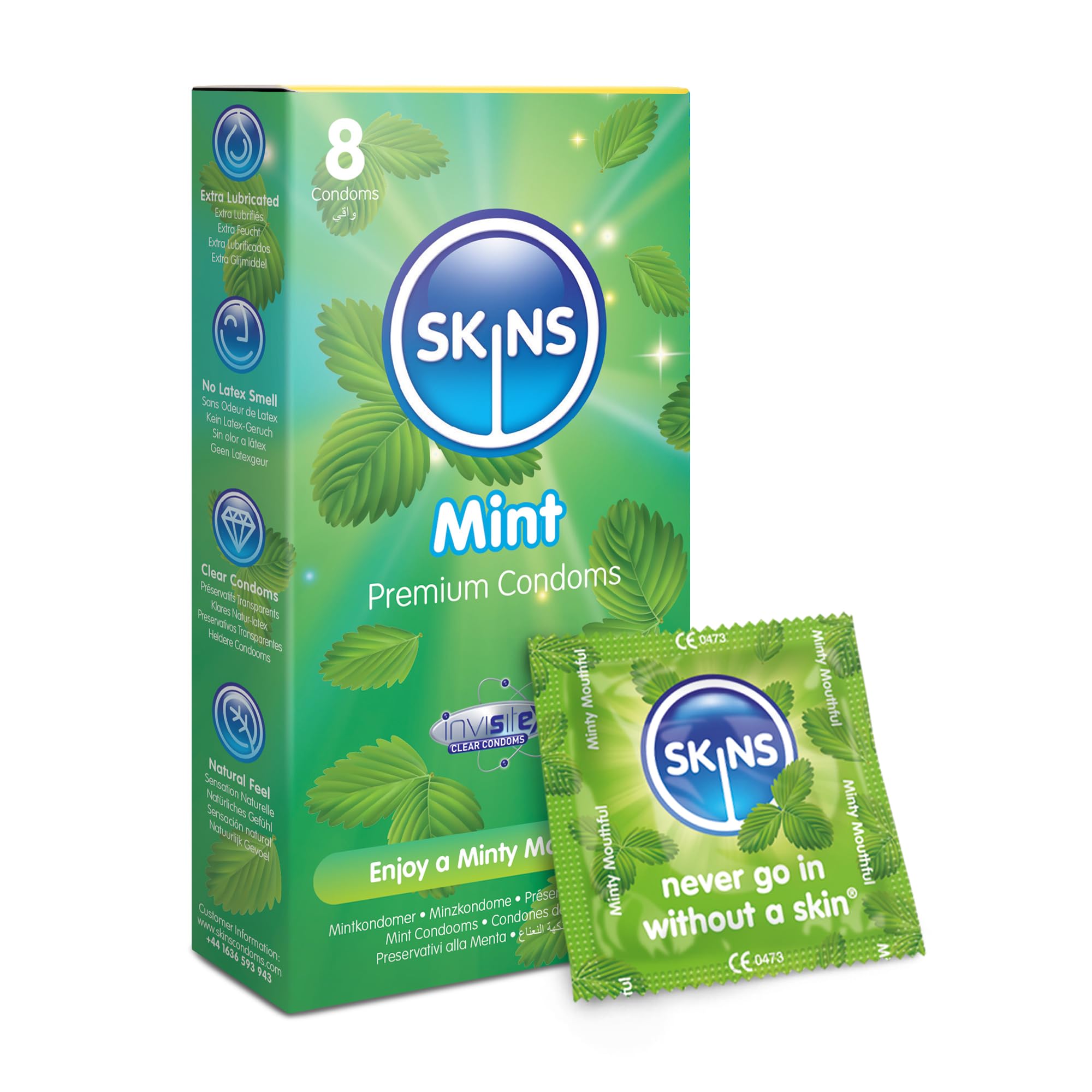 Skins Mint Flavoured Condoms Thin Extra Feel, 8 Pack of Premium Skins Flavoureds Extra Safe Pleasure Condom for Adults, Ultra Thin for Oral Extra Pleasure