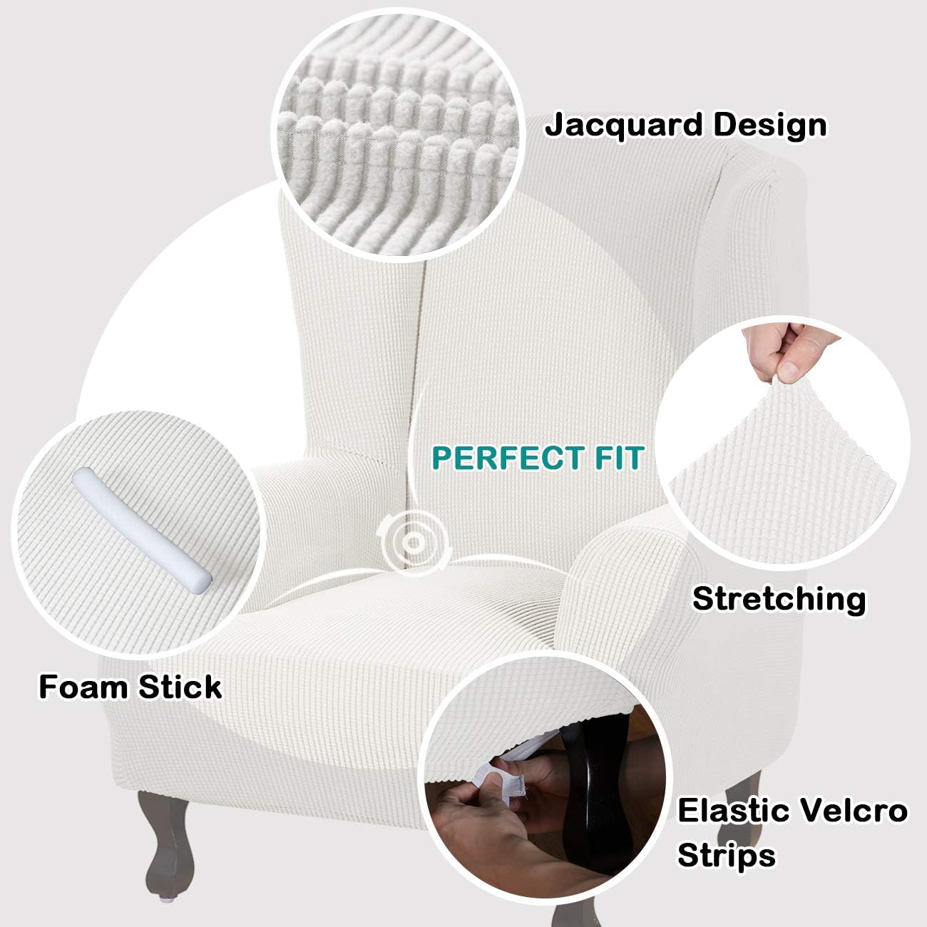 Turquoize Stretch Wingback Chair Slipcover Slipcovers for Wingback Chairs Sofa Slipcover 1-Piece Wing Chair Cover Sofa Cover with Elastic Bottom Jacquard Furniture Protector (Wing Chair, Off White): Home & Kitchen