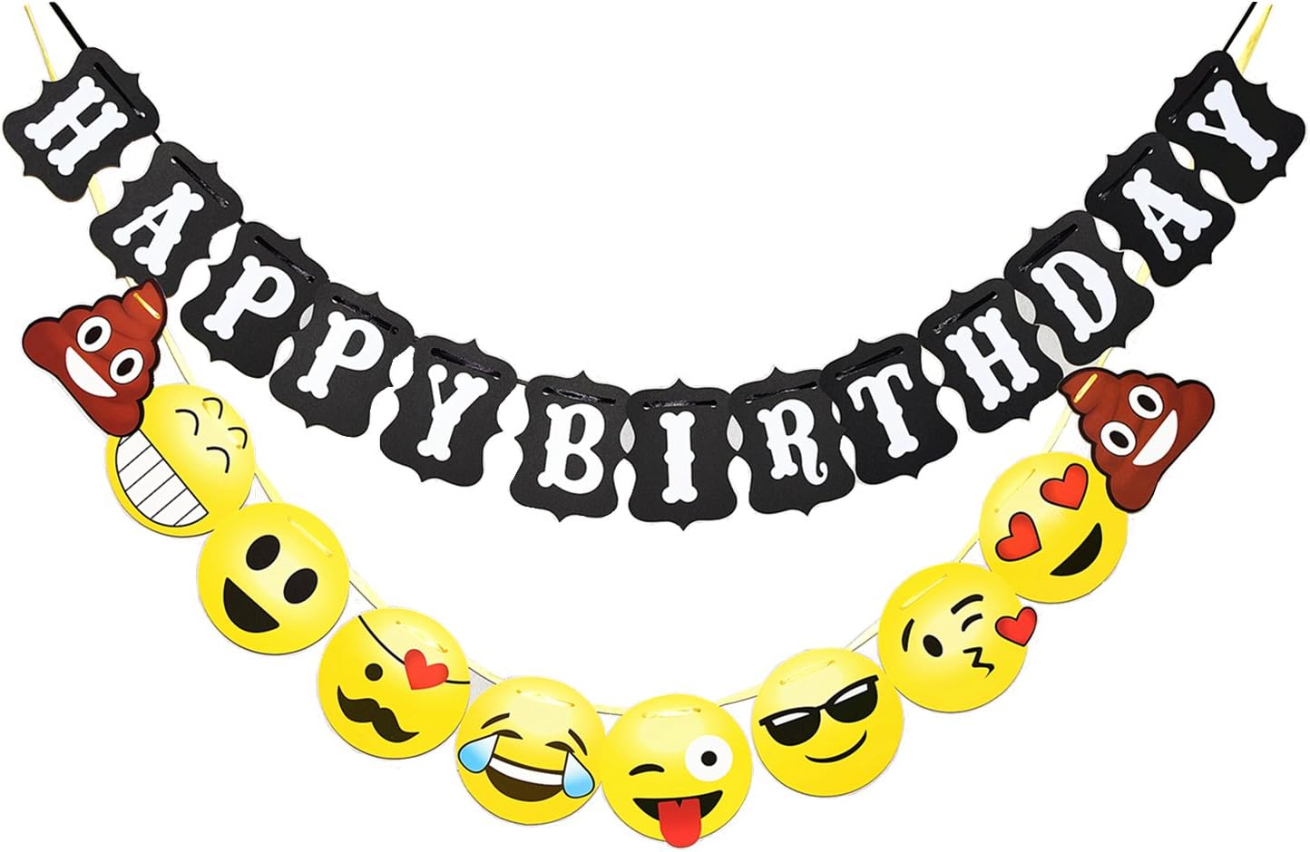 TAOTEC Happy Birthday Bunting Banner with Emoji Banner for Party Decorations (10.3 ft String, Black+Emojis)