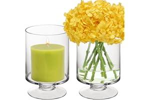CYS EXCEL Glass Hurricane Pillar Candle Holders (H:8" W:4.75", 2 PCS) | Multiple Size Choices Short Stem Candle Jars | Stemmed Glass Cylinder Candle Vase