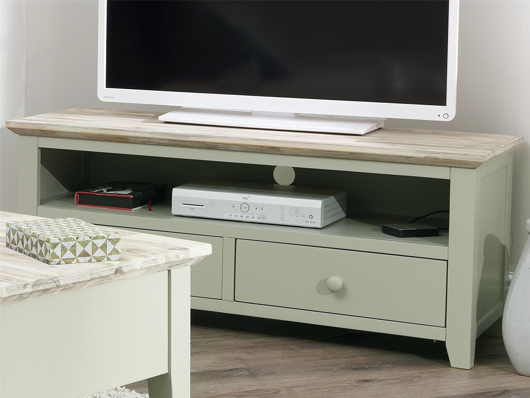 Buy Florence TV unit with shelf and 2 drawers. SAGE GREEN TV stand with cable access. Large tv ...