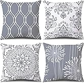 Coliuso Decorative Throw Pillow Covers 16x16 Set of 4, Gray and White Modern Simple Square Pillow Case Cushion Cover for Sofa Couch Farmhouse Outdoor Living Room (Gray and White, 16"x16")