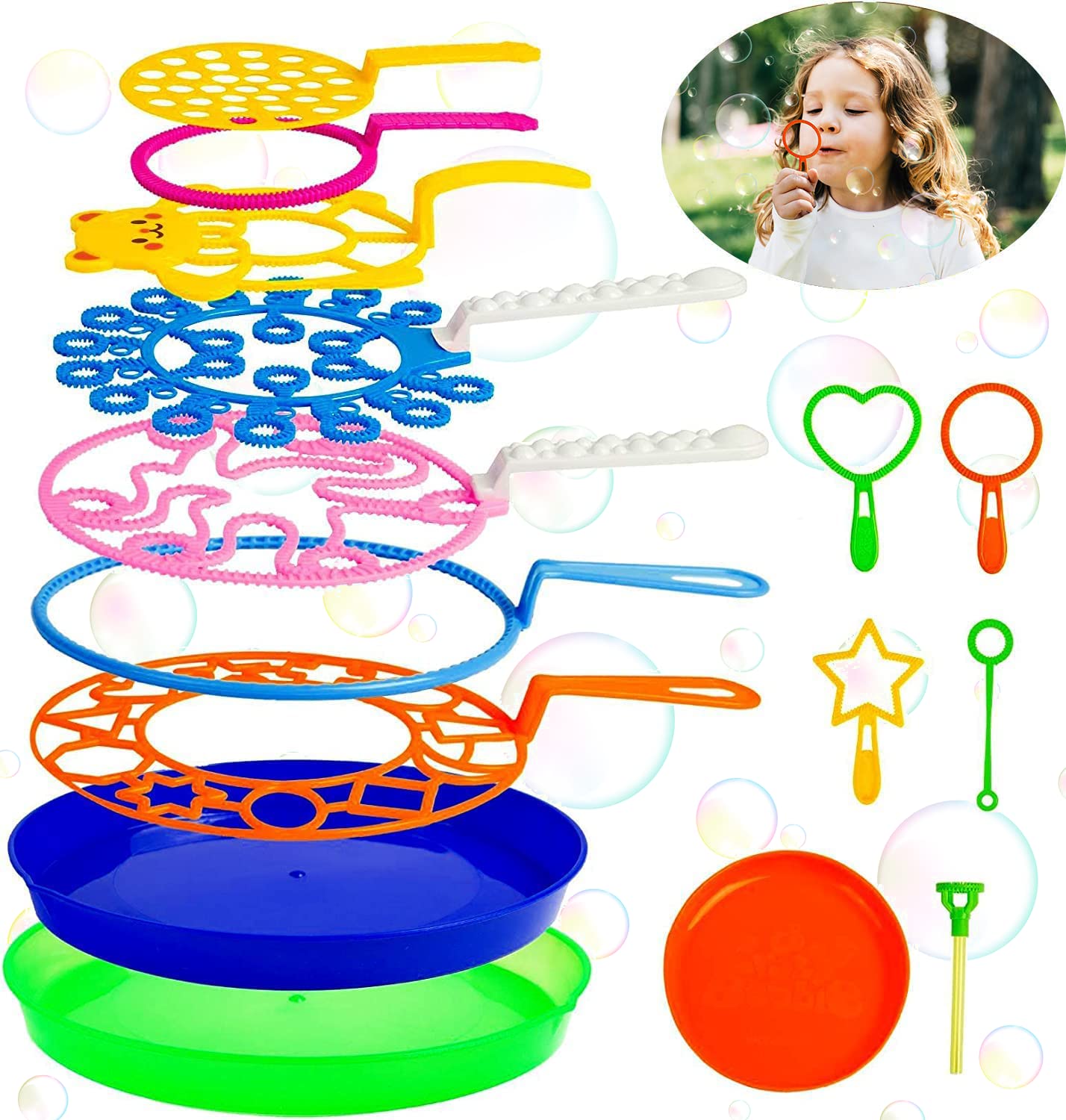 Photo 1 of Roberly 15 Pack Bubble Wands Set with Tray Bulk Funny Bubble Making Toy for Kids - Summer Outdoor Toys & Also Gifts for Kids Birthday Games Party Favors