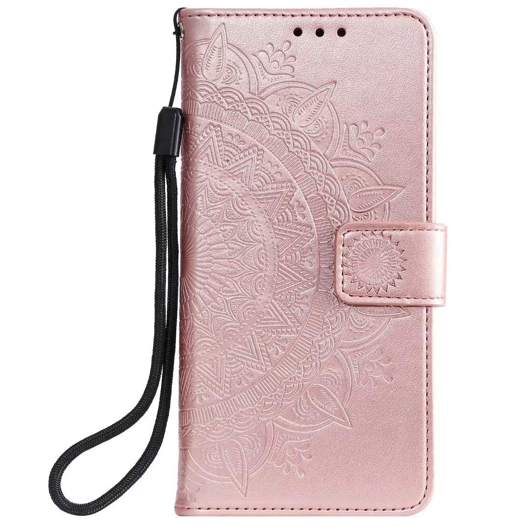 Reevermap Samsung Galaxy A21S Case, Flip Shockproof Premium PU Leather Wallet Card Slots Embossed Mandala Magnetic Buckle Stand Bumper Phone Cover for Samsung Galaxy A21S, Rose Gold