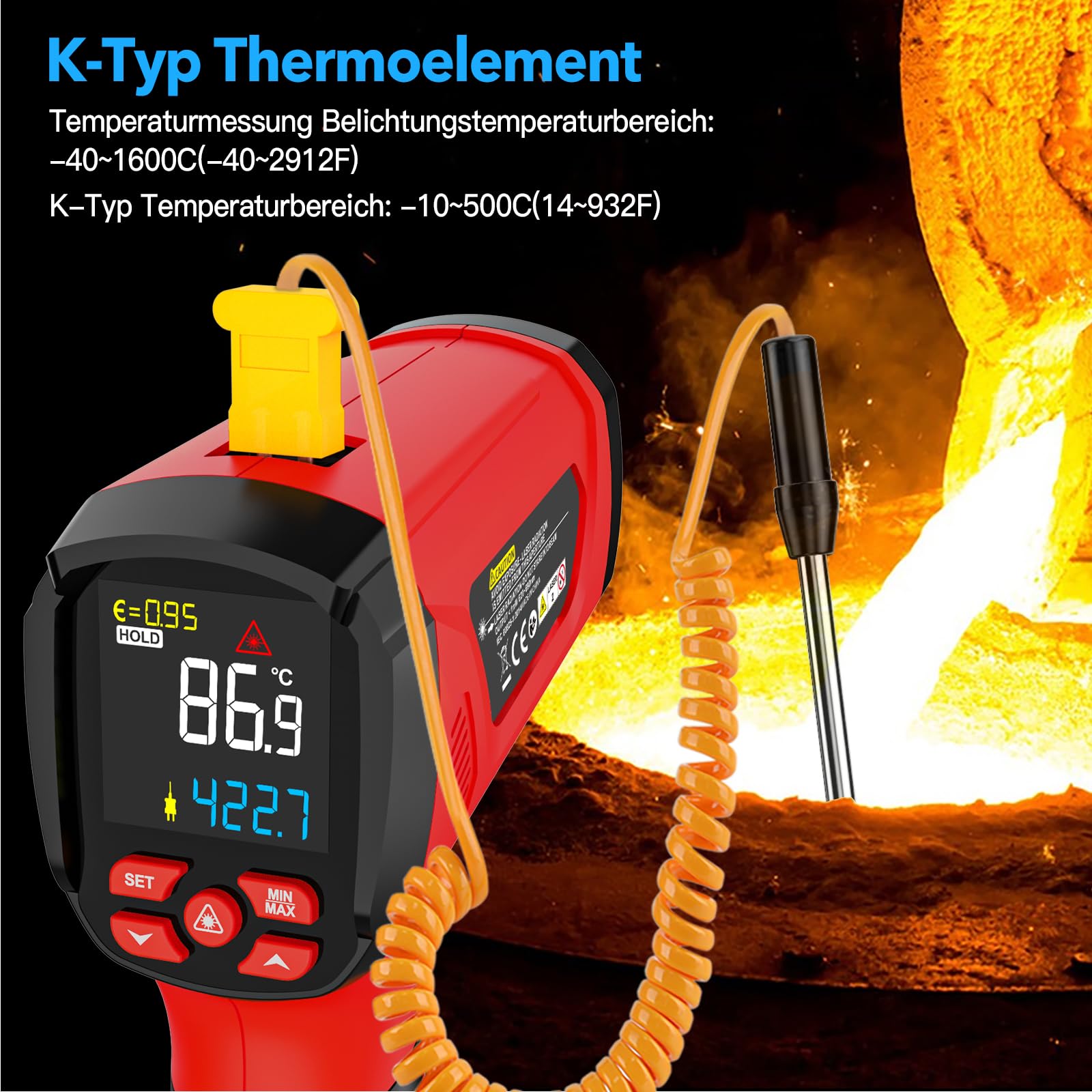 Infrarot Thermometer MESTEK Hochtemperatur Digital Laser Temperaturmessgerät -40°C bis 1600℃ mit K-Sonde IR Pyrometer Berührungslos LCD Alarm Einstellbarer Emissionsgrad für Kochen Industrial HVAC 7
