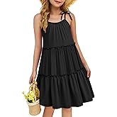 Arshiner Girl Summer Dresses Tween Boho Spaghetti Strap A-Line Swing Flowy Ruffle Tiered Sundress with Pockets