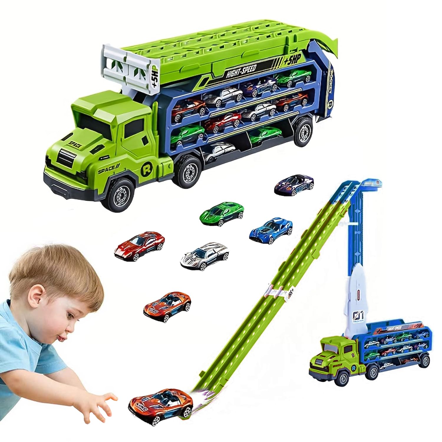 Photo 1 of Unimoly Carrier Truck Transport Toy, Foldable 2-Layer Car Race Track Playset with 25" Track & 6 Metal Cars, Birthday Gift for Boys Ages 3-8 (Green)