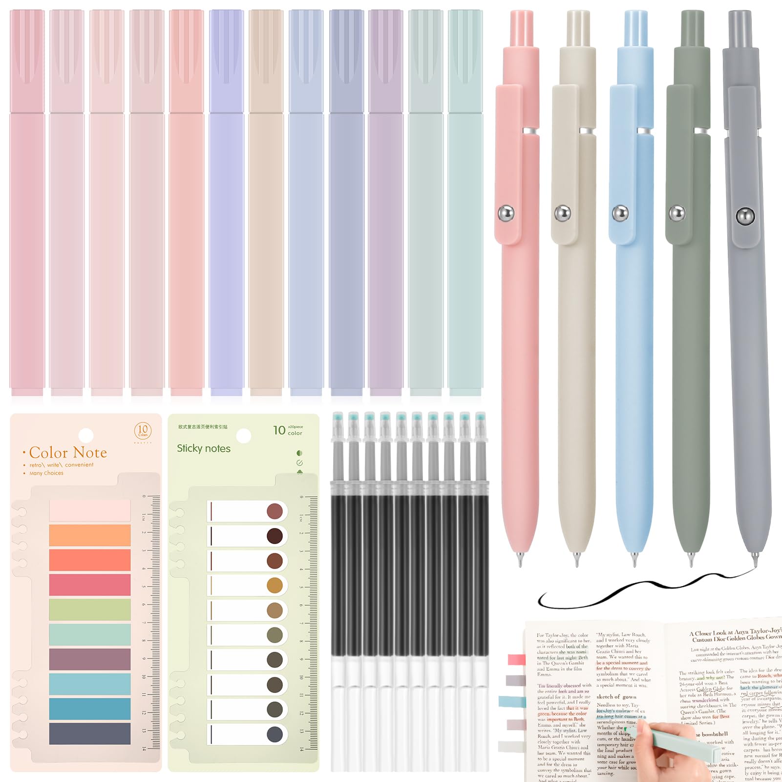 Partideal Pastel Highlighter,12 Pcs Mild Colours Highlighters with Ruler and 20 Color Markers Labels 5 Gel Pen,Aesthetic Cute Markersfor Reading Notes Books Journals Bibles School Office Supplies