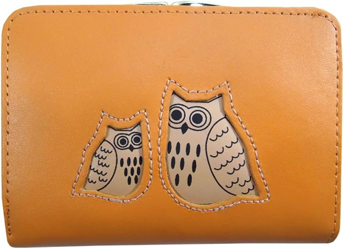 Amazon ノーブランド品 二つ折り財布 がま口 レディース 牛革 レザー ふくろう イエロー 財布のトロピカル ムーン 財布