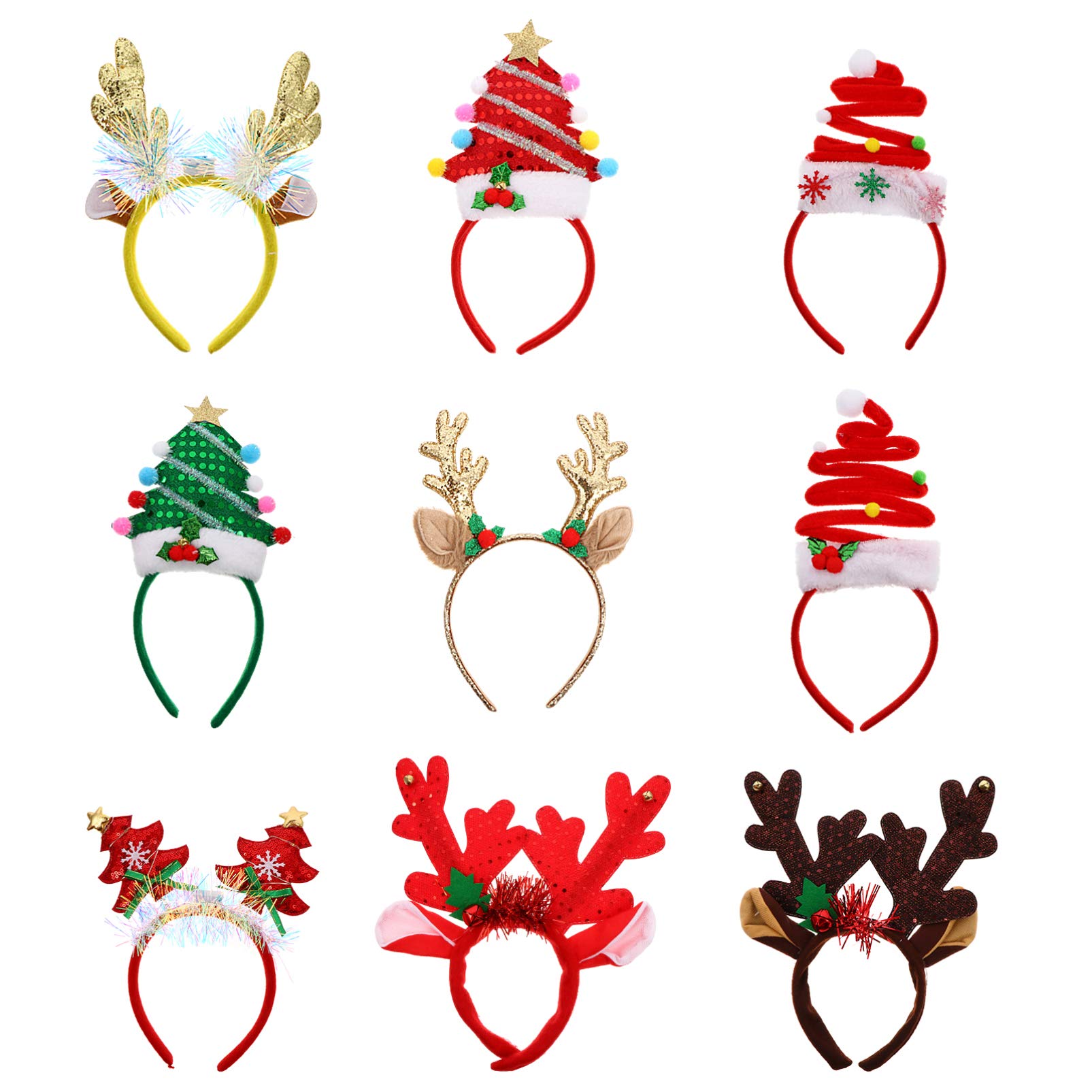 Lurrose 9PCS LED Christmas Headband Sequin Reindeer Antlers Christmas Tree Hair Hoop Xmas Headwear Cosplay Hair Accessories for Masquerade Performance (Casual style)