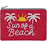 Pretty Robes Pearl Beaded Coin Purse Handmade with Colorful Designs Savings Bag Small Zipper Pouch for Cash Card & Makeup (Sun of a Beach)