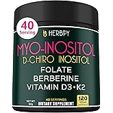 Herbpy 6in1 Premium 40:1 Myo-Inositol & D-Chiro Inositol Supplement for Women with Folate, Berberine HCl 97%, Vitamin D3 & K2 - Hormonal Balance & Ovarian Health Support- 120 Vegan Capsules