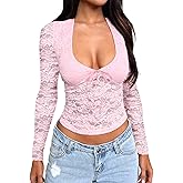 Falechay y2k Tops Going Out Tops for Women Womens Top Long Sleeve Shirts Sexy Fashion Cute Clothing Lace Spring Crop Blouses Deep V Neck Shirt Bow Trending Blouse Party Holiday Sheer Wear Pink XL