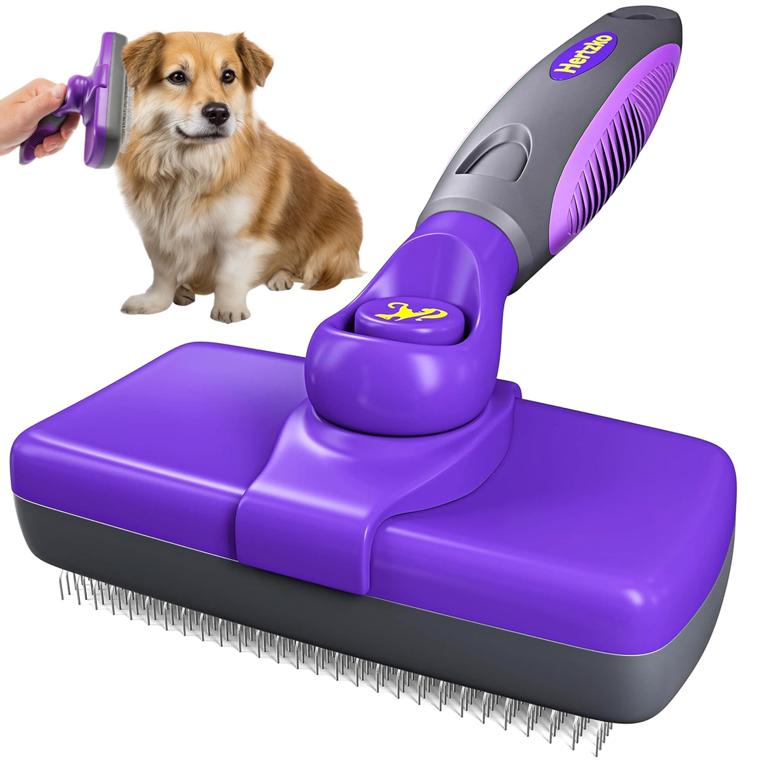 Photo 1 of Hertzko Self Cleaning Slicker Brush for Dogs and Cats - Pet Hair Brush for Shedding Long and Short Hair - Easy Clean Retractable Bristles - Cat and Dog Grooming Tool - Purple