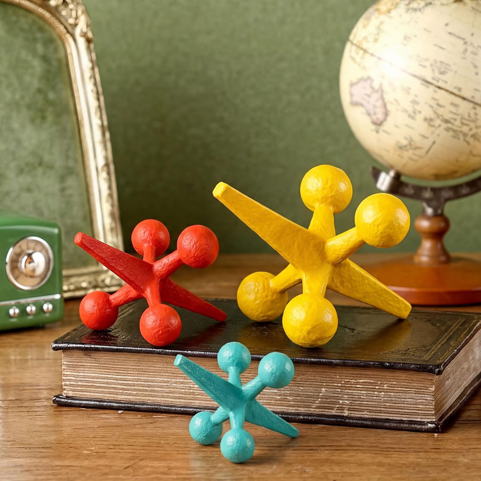 Photo 1 of **BROKEN/DAMAGED**AceOrbit 3 Pcs Mid Century Modern Decor Cast Iron Jack Figurine Set Medieval Table Decor Orange Blue Yellow Cast Iron Jack Ornaments for Home Office Living Room Cabinets Bookshelves Desktop Decoration