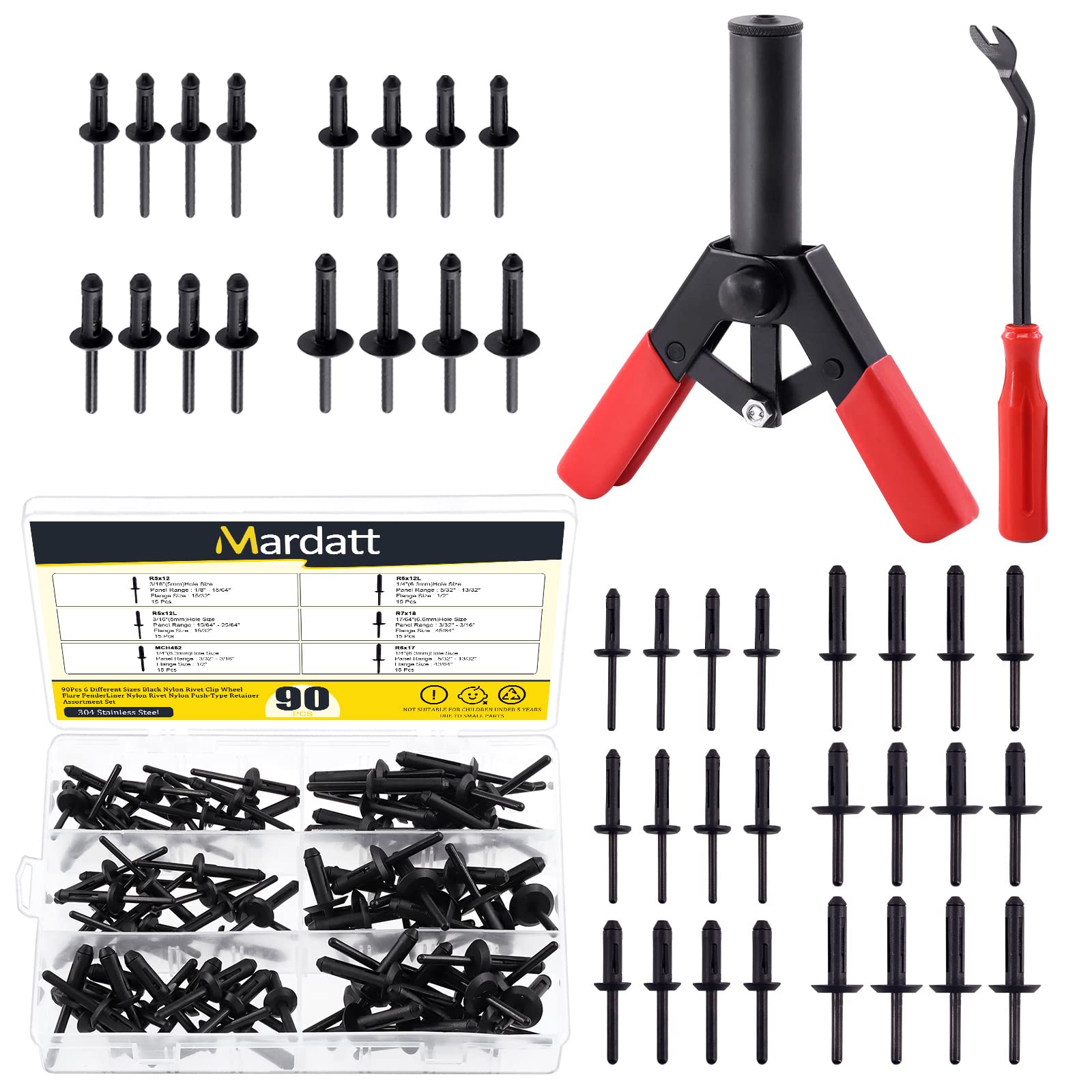Mardatt 132Pcs 10 Sizes Nylon Blind Rivets Assortment Set with Plastic Rivet Gun and Fastener Removal Tool for Automotive and More