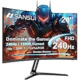 SANSUI 24 Inch Curved 240Hz Gaming Monitor FHD 1080P, 1500R Curve Computer Monitor, 124%sRGB, 3000:1 Contrast Ratio, HDR, FreeSync, MPRT 1Ms, Low Blue Light, HDMI DP ports.(ES-G24C1 PRO DP Cable Incl)