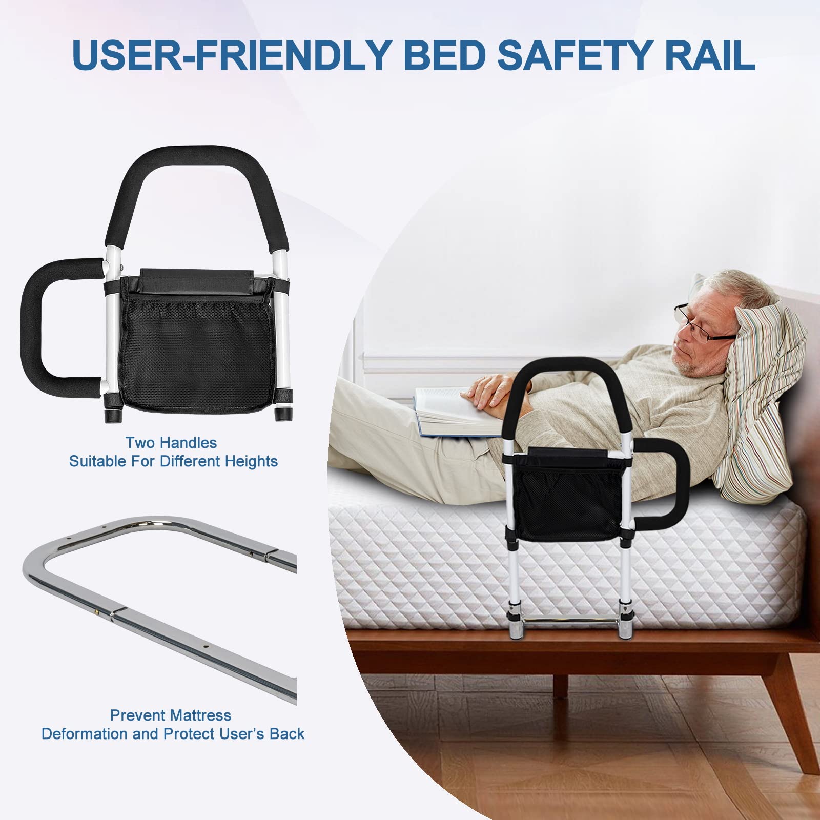 HEPO Bed Rails for Elderly Adults Safety with Storage Pocket, Assist Rail with Dual Grab Bars for Easily Getting in & Out of Bed, Bed Rail Fits King, Queen, Full, Twin Bed,Support Up to 300lbs