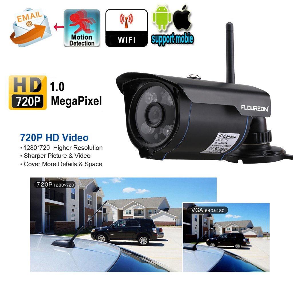 FLOUREON Caméra IP HD 720p sans Fil Etanche Vision Nocturne Caméra de sécurité WiFi ONVIF IR-Cut Support Détection du Mouvement Alarme Mail/Téléphone Accès à Distance PC Phone P2P Noir SP007