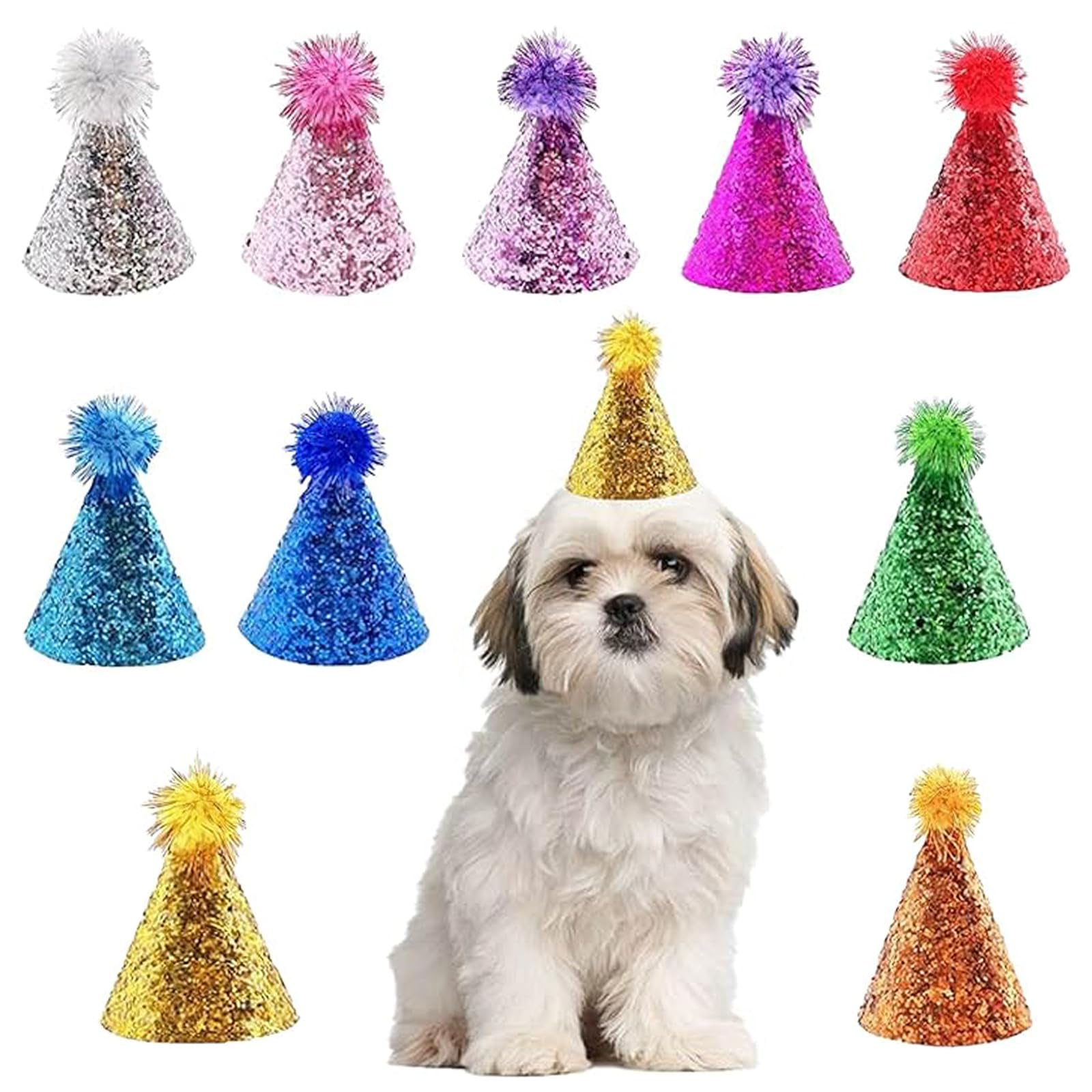 Photo 1 of 10 Pcs Dog Birthday Hat Set for Small Medium Dogs Cat Puppies, Mini Party Hat with Adjustable Headbands, Cute Pet Hat with Pompons for Birthday Christmas Party Decoration Accessories (Small 4 Inch)