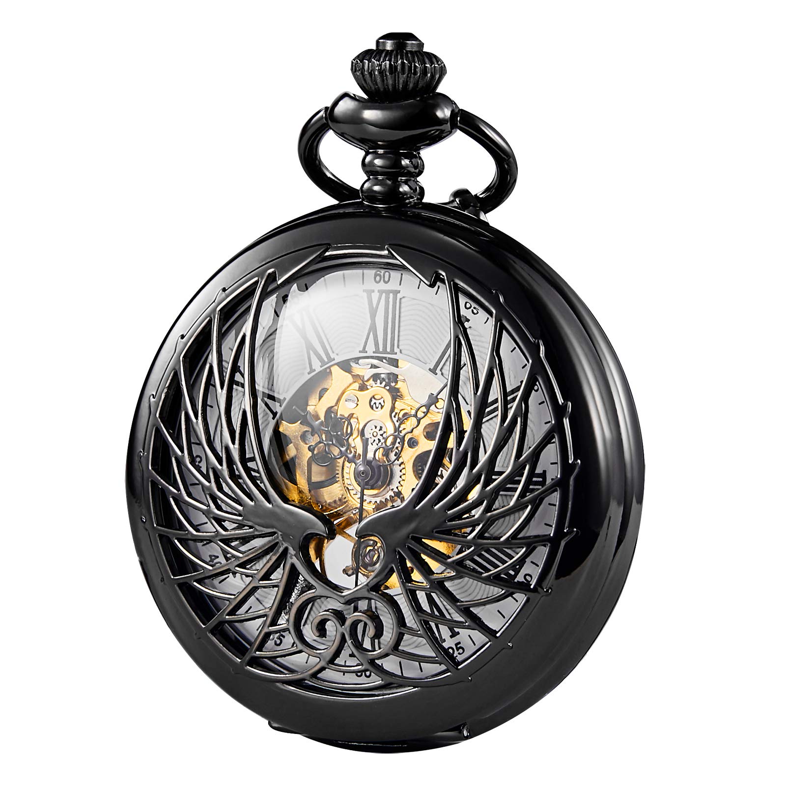 TREEWETO Skeleton Eagle Wings Design Case Roman Numeral Markers Mechanical Pocket Watch, Black