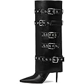 Grakihily Knee High Boots Women Fold Over Tall Boots Leather Long Buckle Slouchy Shark Boot Pointed Toe Stiletto Heel with Zipper