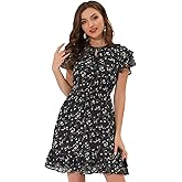 Allegra K Women's Ruffle Sleeve Self-Tie V Neck Flowy Ruffled A-Line Floral Chiffon Dress