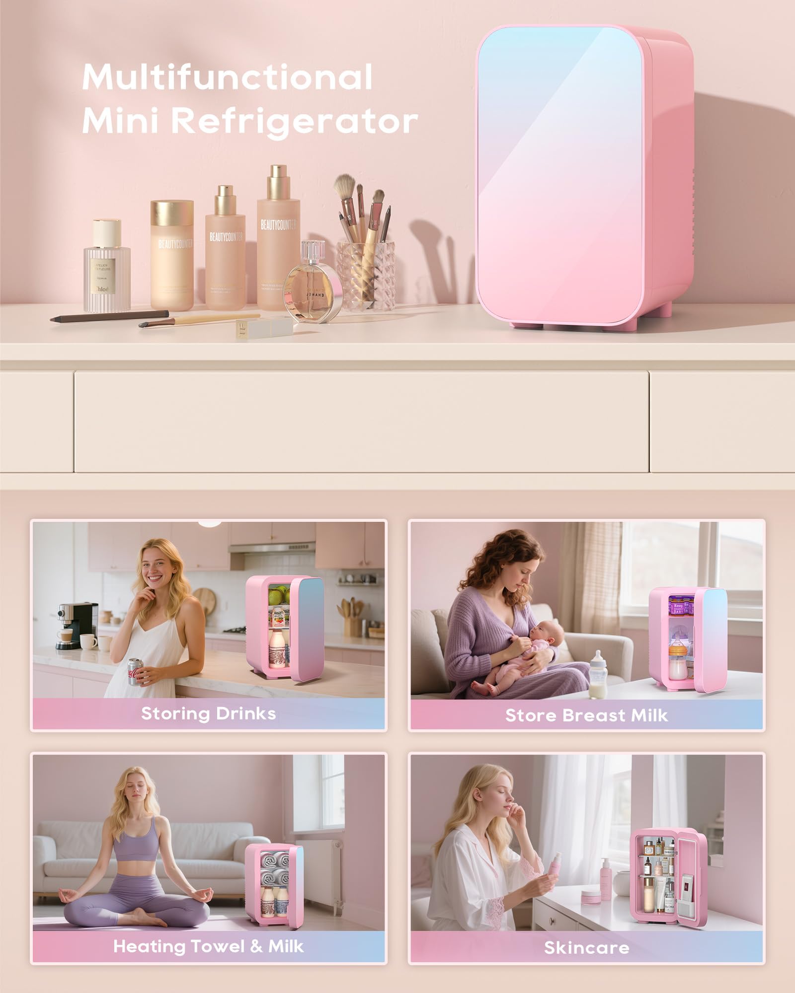Mini Fridge,6 Liter/8 Can New Upgraded Skincare Fridge,110V AC/DC Portable Thermoelectric Cooler & Warmer for Skin Care, Cosmetics, Beverage, Food,Great for Bedroom,Office,Dorm(Pink)