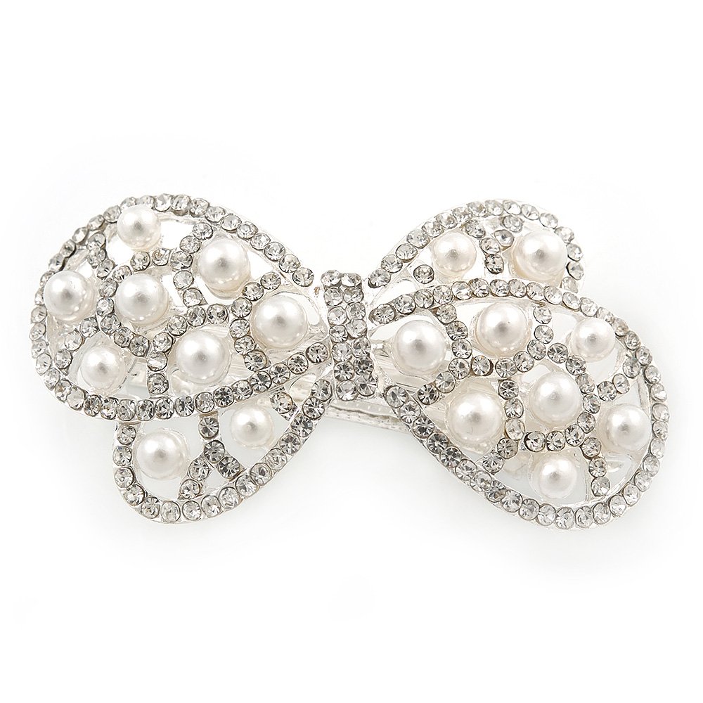 Bridal Wedding Prom Silver Tone Simulated Pearl Diamante 'Bow' Barrette Hair Clip Grip - 65mm Acros