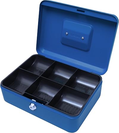 Cathedral Products Key Lockable Cash Box 10 Inch Blue with 6 Compartment Tray