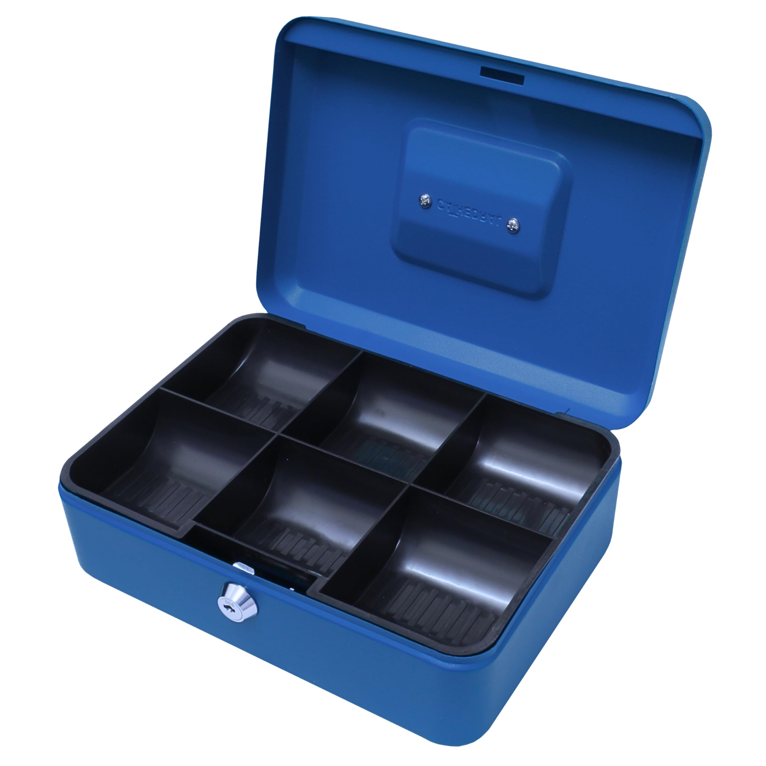 Cathedral Products Key Lockable Cash Box with Lift Out 6 Compartment Coin Tray - 10 Inch - Blue